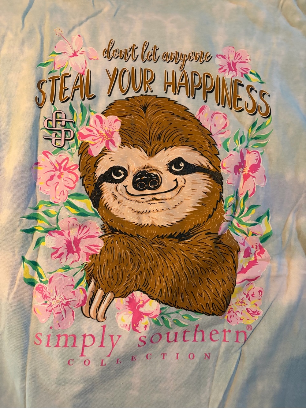 Simply Southern Pastel Blue Short Sleeve Tee with Sloth & Pink Floral Print